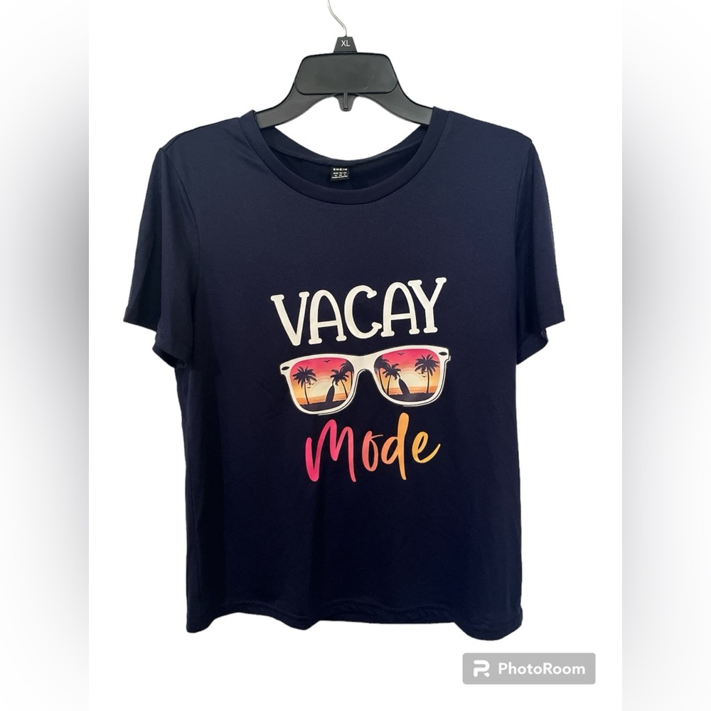LIKE NEW SHEIN VCAY Glasses “Vacay Mode”Graphic Tee - Navy Blue - Sz M (6)